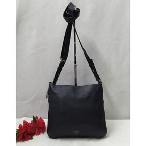 Fossil Black Pebbled Leather Zipper Expandable Crossbody Bag